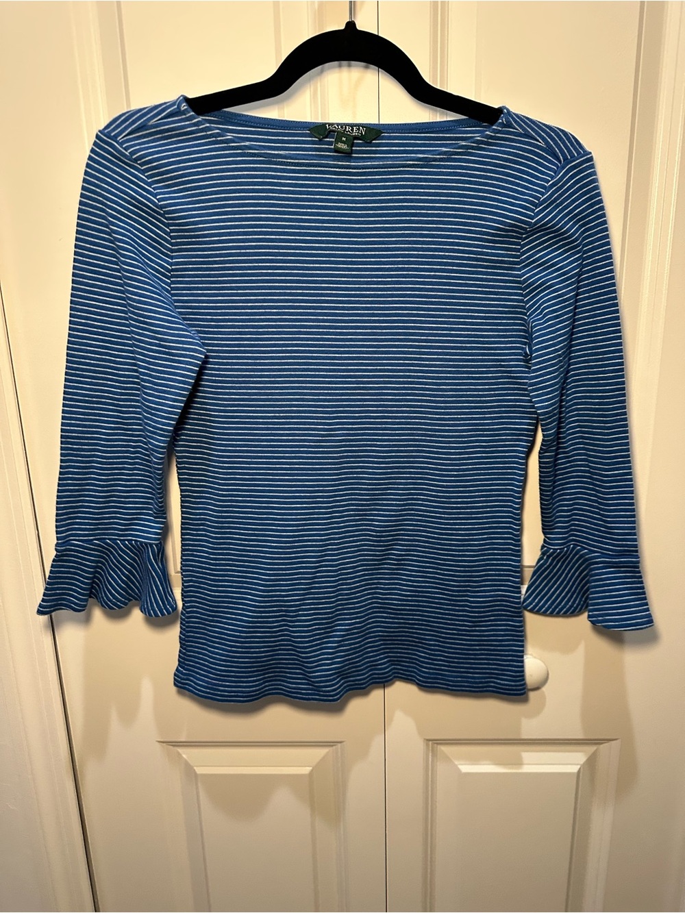 Lauren Ralph Lauren Blue Striped Boatneck Ruffle Sleeve Top 100% Cotton